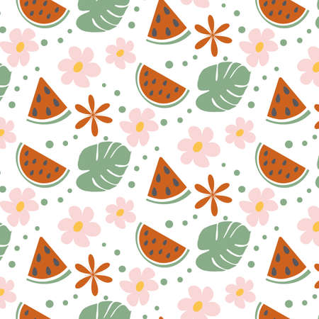 Seamless summer pattern in trendy muted hues with hand drawn summer elements and monstera leaves.
