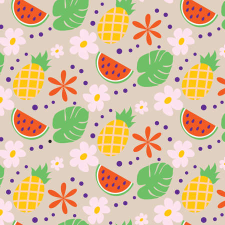 Bright seamless summer pattern in trendy colors with hand drawn summer elements.のイラスト素材