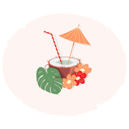 Exotic coconut cocktail in a nut shell with an umbrella and straw in trendy colors.のイラスト素材