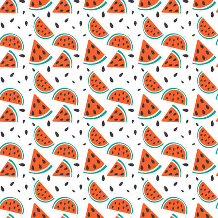 Bright seamless pattern in trendy shades with hand drawn watermelon seeds and slices.