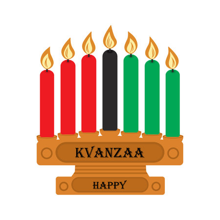 Wooden candlestick with seven candles in the color of the African flag and inscription Happy Kwanzaaのイラスト素材