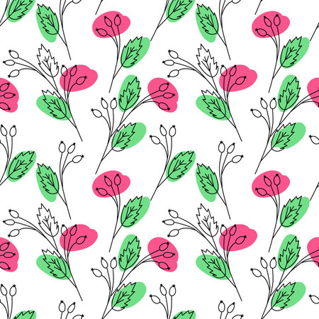 Endless pattern from contour rosehip branches with bright marker color spots. Abstract backgroundのイラスト素材