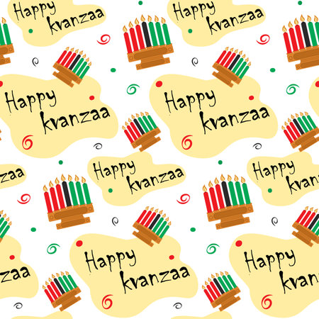 Kwanzaa seamless pattern. Abstract background texture with candlestick and Happy Kwanzaa inscriptionのイラスト素材
