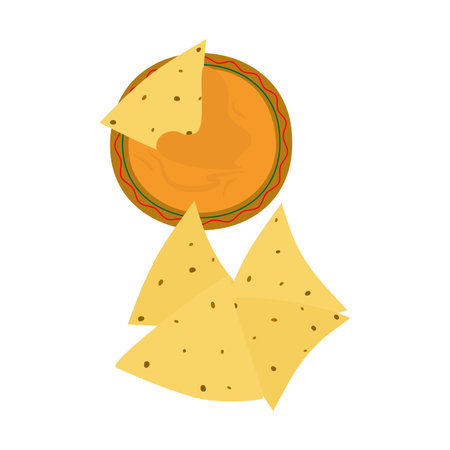 A pile of Mexican cornmeal based nacho chips and traditional orange colored sauce in cartoon style.のイラスト素材