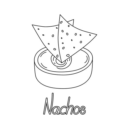Outline image corn Mexican chips of the Nachos and sauce in the bowl with inscription Nachos by handのイラスト素材