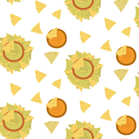 Seamless pattern with bunch of colorful corn chips and various sauces in cartoon style. Mexican foodのイラスト素材