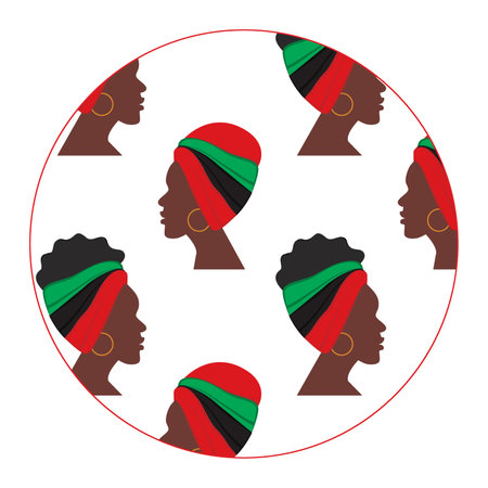 Outline circle shape with a pattern from the profile of African women turned in different directionsのイラスト素材