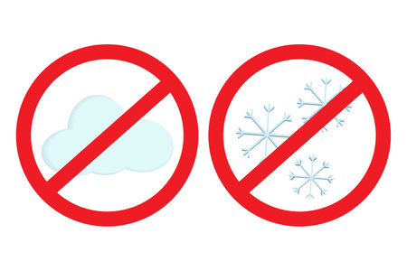 A set of three snowflakes and cloud in the 3D style under the sign of a ban. Sticker. Icon. Isolate.のイラスト素材