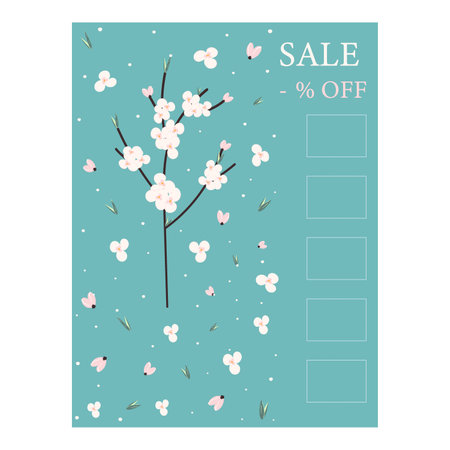 Poster design, flyer for sale with the image of a flowering branch and the inscription Sale OFFのイラスト素材
