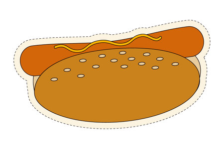 Appetizing hot dog with sausage and mustard in a sesame bun. Fast food. Street food. Stickerのイラスト素材