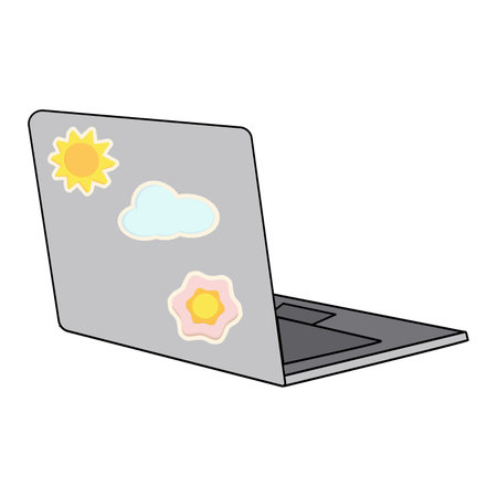 Isometric image of a laptop with bright stickers on the cover of the sun, cloud and flower. Stickerのイラスト素材