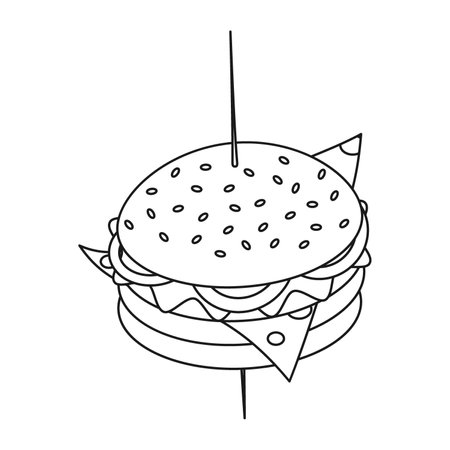 Outline image of a hamburger on a skewer. Design for Coloring book. Fast Food. Happy hamburger dayのイラスト素材