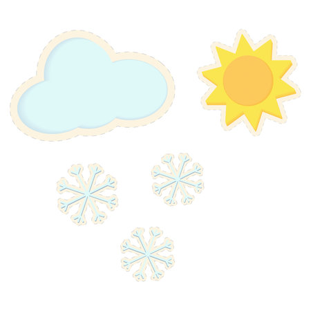 A set of 3D stickers in the form of a sun, clouds and snowflakes in trendy bright shades. Stickerのイラスト素材