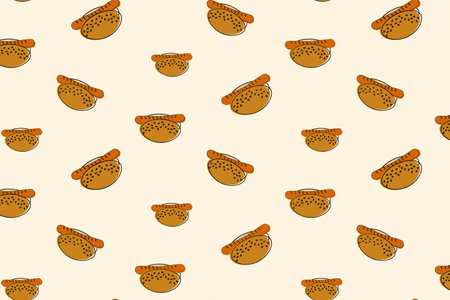 Seamless Pattern of classic hot dog consisting of a bun with sesame seeds and sausage in trendy huesのイラスト素材