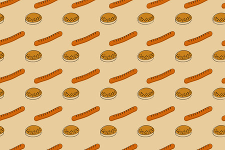 Bun with sesame seeds and sausage are the main elements of hotdog in a seamless pattern. Fast foodのイラスト素材