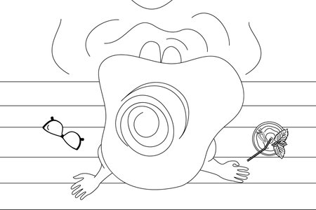 Abstract image Girl in a wide brimmed hat on the beach near the water with a cocktail and sunglassesのイラスト素材