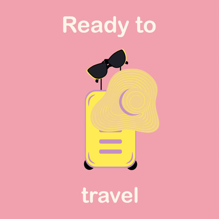 Design with suitcase, wide-brimmed hat, sunglasses and lettering Ready to travel in trendy shadesのイラスト素材