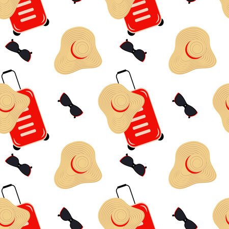 Seamless pattern of a travel suitcase, a wide brimmed hat and sunglasses on it in trendy bright huesのイラスト素材