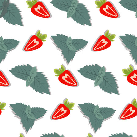 Seamless pattern with mint leaves and strawberry slices in trendy bright hues. Hello summer. Vectorのイラスト素材