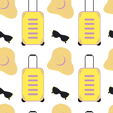 Endless pattern of a travel suitcase, a wide brimmed hat and sunglasses in trendy bright shades. EPSのイラスト素材