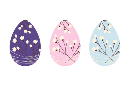 Set of 3 Easter eggs with pattern of cherry branches entangled with thin threads in trendy shadesのイラスト素材