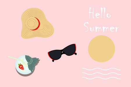 Design with wide brim hat, sunglasses and cocktail with strawberries and lettering Hello summerのイラスト素材