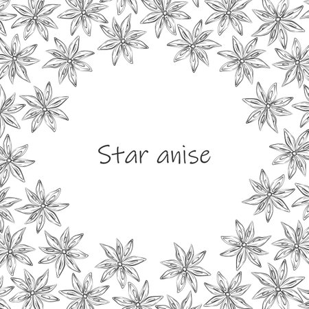 Abstract round frame of anise with lettering and a pattern of dry anise stars around. Spices Day.のイラスト素材
