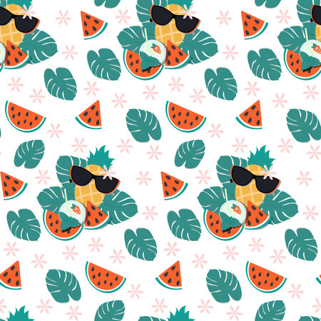 Bright seamless summer pattern of pineapple in sunglasses, watermelon slices and cocktail with mintのイラスト素材