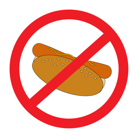 Colorful American hot dog under the prohibition sign. Unhealthy eating. Fast food. Healthy food dayのイラスト素材