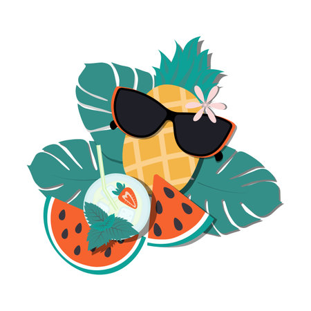 Summer set of pineapple, watermelon slices, cocktail Mojito with strawberry and mint leaves. Vectorのイラスト素材