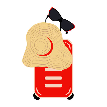 A travel suitcase and a wide brimmed hat and sunglasses on it in trendy bright shades. Travel setのイラスト素材