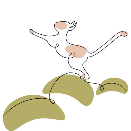 Abstract image of a cat jumping up drawing in one line with colorful spots in trendy shades. Cat dayのイラスト素材