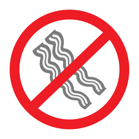 Fried strips of bacon in in grayscale under the ban. Unhealthy food. Healthy eating day. Vector. EPSのイラスト素材