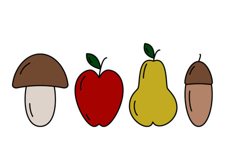 Set of 4 seasonal fruits Mushroom, apple, pear and acorn in trendy shades. thanksgiving day. Vector. EPS. sticker. icon. isolate. Design for poster, banner, brochure or pattern, cards, wrapping, labelのイラスト素材