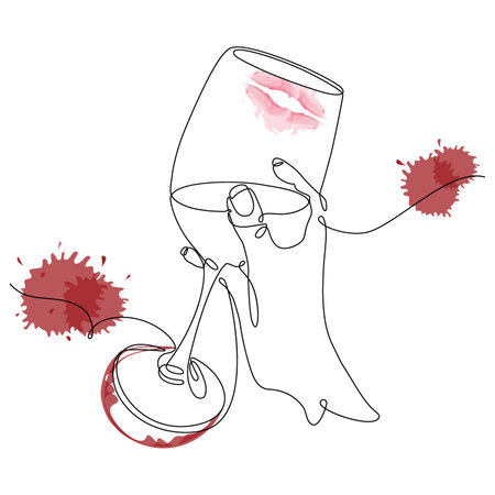 Womans hand with glass of wine with lipstick mark on it and abstract wine spots. One continuous line design. isolate. Happy Wine Day. Good for print, poster, banner or card, web or label. Vector. EPSのイラスト素材