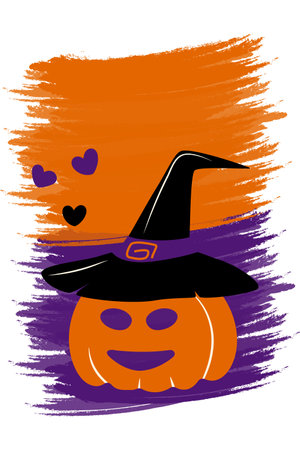 Vertical image of a Halloween pumpkin in witch hat on brush stroke abstract background. Copy space.のイラスト素材