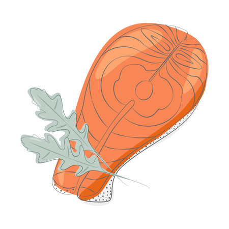 Abstract image of salmon steak with sprigs of arugula in trendy shades. Healthy food Day. Seafood. Isolate. Design for poster, banner, brochures or web, packing, cards or price tag, label. Vector. EPSのイラスト素材