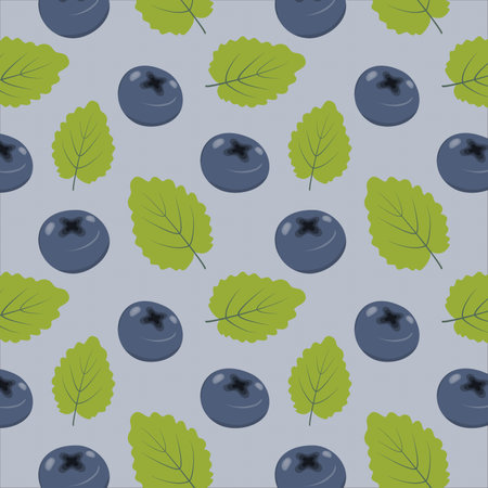 Endless pattern of blueberries and leaves of berries in trendy shades. Abstract back. Healthy food. Texture. Vector illustration. EPS. Isolate. Design for wrapping, wallpaper or poster, banner, cardsのイラスト素材