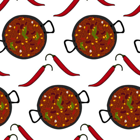Endless pattern of Chili con carne and red hot chili pepper. Traditional Mexican spicy food. Isolate. Vector. EPS. Design for wrapping, poster, banner, greetings, card, price, label, wallpaper or webのイラスト素材