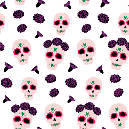 Seamless pattern to Day of the Dead of Sugar Skull and flowers. Dia de los muertos. Mexico. Isolate. Vector design for wrapping or poster, banner, brochures, greetings or invitations cards, webのイラスト素材