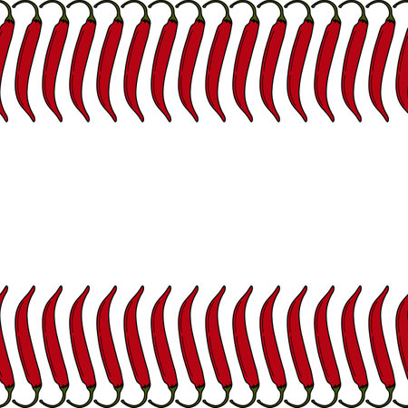 Rectangular double sided frame of garland red hot chili peppers in trendy bright shade. Copy space. Vector template for inscriptions, lettering, poster, banner brochures or greetings, invitation cardsのイラスト素材