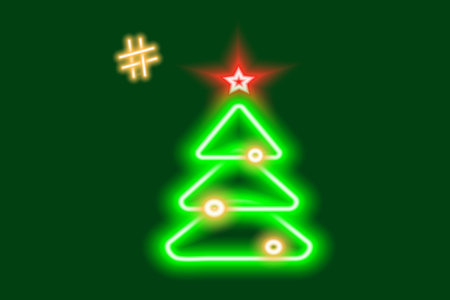 Neon image of a glowing Christmas tree with a hashtag sign. Marry Christmas and Happy New Year.のイラスト素材
