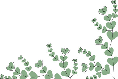 Corner frame of abstract spring twigs with hearts in trendy green shade. Design concept for greetings or invitation cards, posters, banner, brochures. Copyspace. Vector. Isolateのイラスト素材