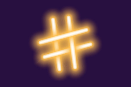 Glowing neon hashtag icon on dark purple background in trendy bright shades. Search design concept....
