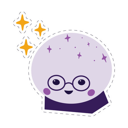 Magic crystal ball. Cute character in glasses with decorative elements. Sticker with dotted line. Isolate. EPS. Vector illustration for pointer, cards, poster or web, label and other different usesのイラスト素材