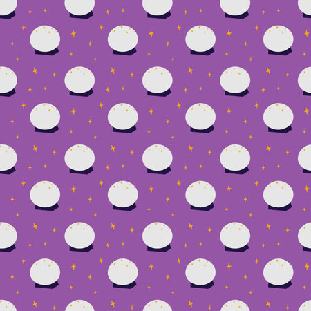 Seamless pattern of magic crystal ball for fortune telling with decorative stars. Happy magic day. EPS. Vector for wrapping, wallpaper or web, promo, poster, banner, greeting or invitation card, labelのイラスト素材