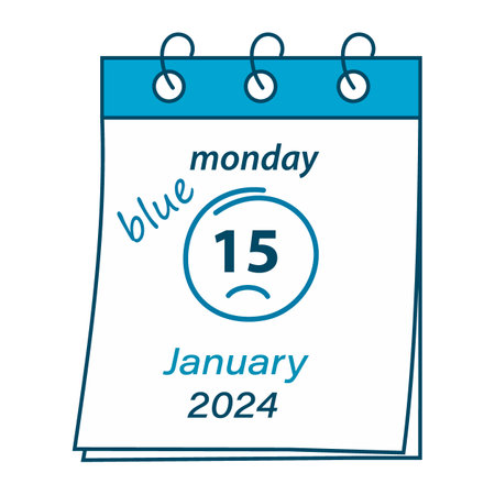 Blue Monday. Calendar sheet with the date 2024 January 15 and a handwritten inscription and a stroke in the form of a sad smiley face. Isolate. EPS. Vector design concept for greetings and other usesのイラスト素材