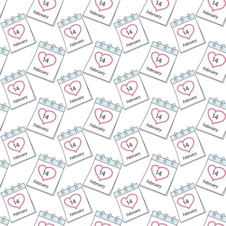 Calendar page with St. Valentines Day date 14 February and hand drawn heart around number.のイラスト素材