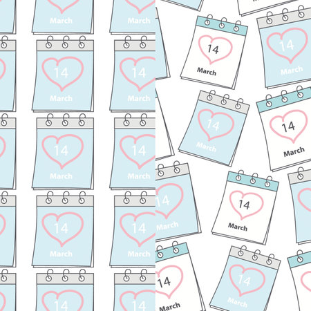 Set of seamless patterns with White Day date calendar pages March 14 and heart shaped stroke around. Isolate. EPS. Vector for wrapping, wallpaper or web, posters, banners, cards, promo, label or priceのイラスト素材