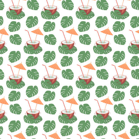 Half coconut and cocktail straw and umbrella inside with monstera leaves. Summer seamless pattern....